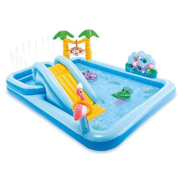a blue and yellow inflatable water slide